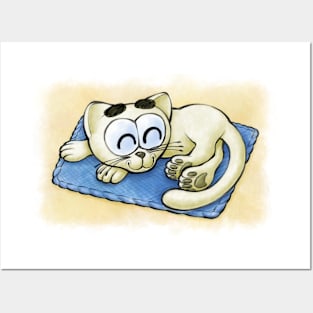 Sleeping Kitten (Yellow and Blue) - Happy Kittens Cat Drawing Posters and Art